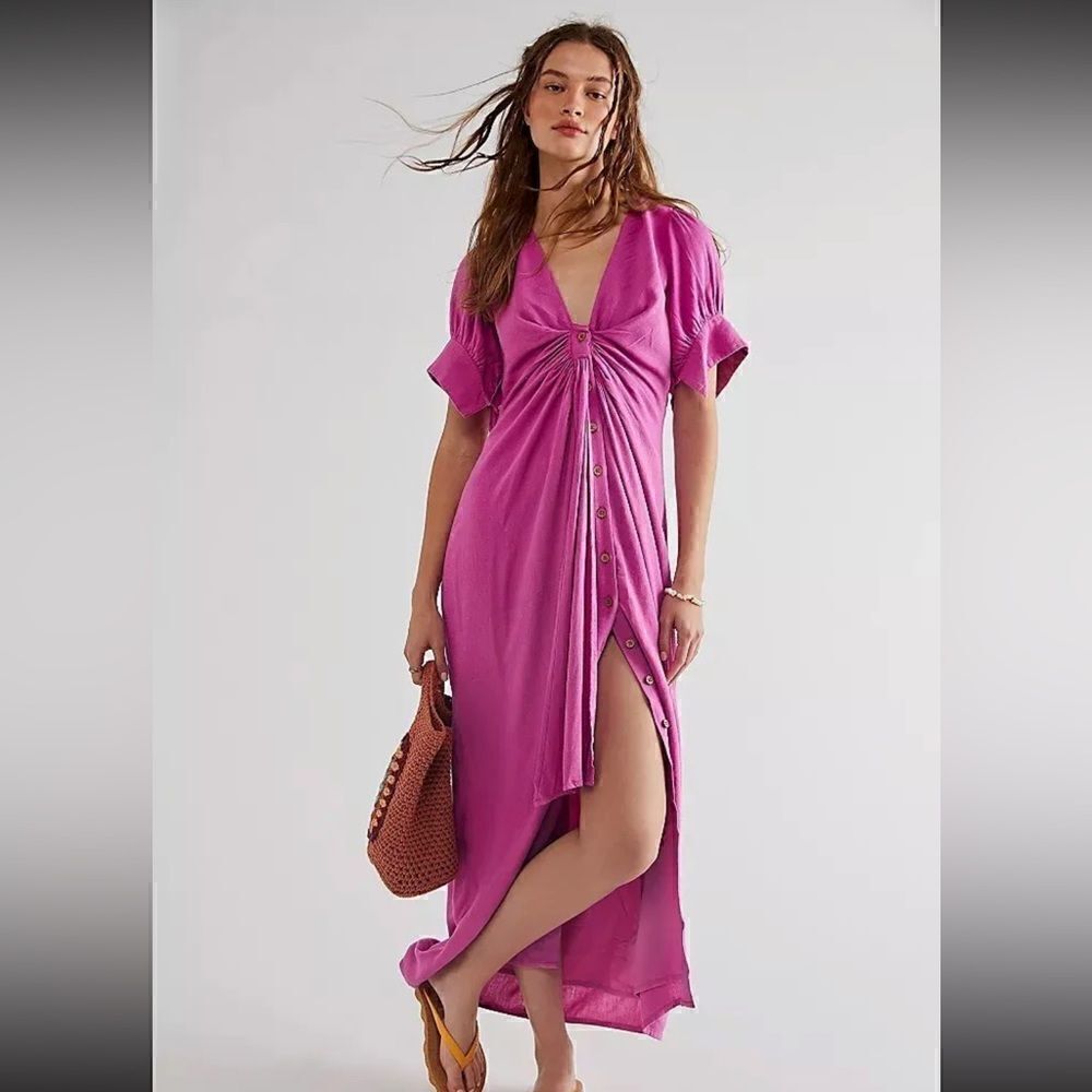 NEW FREE PEOPLE ENDLESS SUMMER VINTAGE SUMMER RUCHED BUTTON MIDI DR…